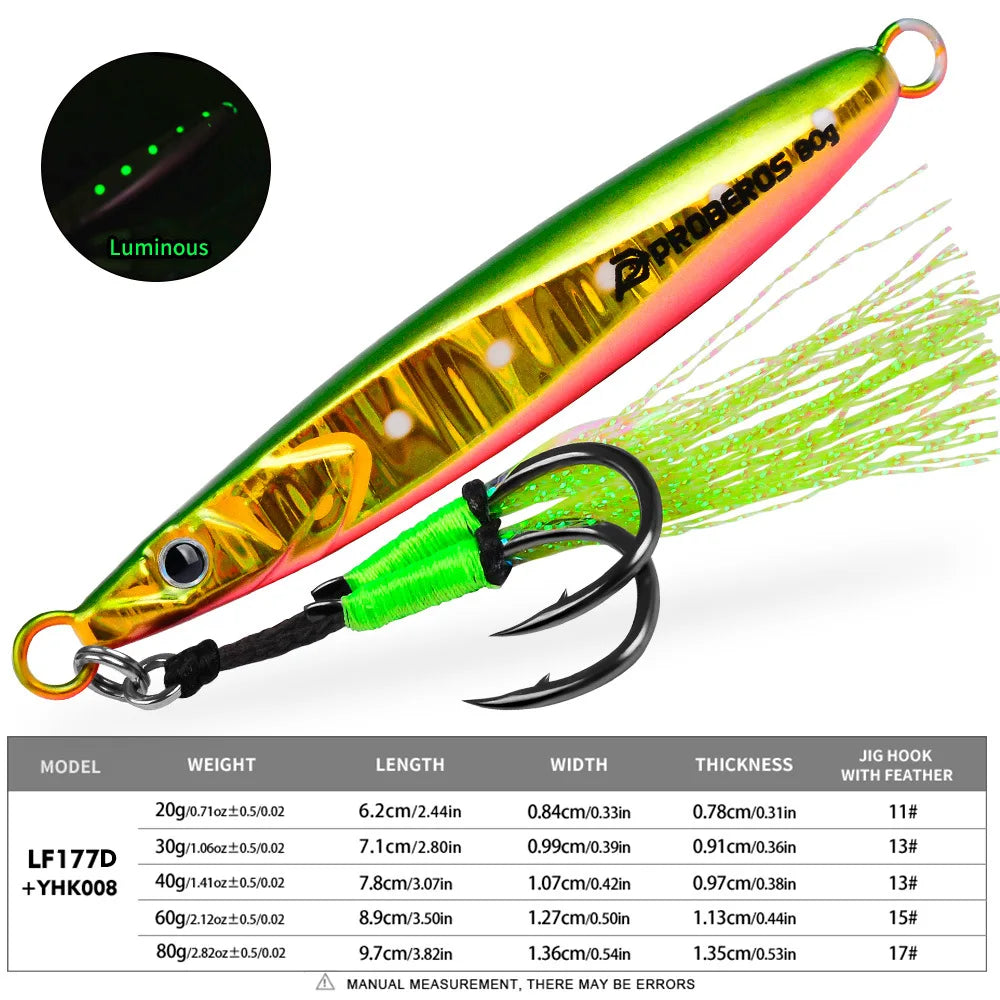Leurre de pêche en métal lumineux LHFSH, appât dur 20g-80g à coulée lente avec hameçons triples pour la pêche au bar et au thon