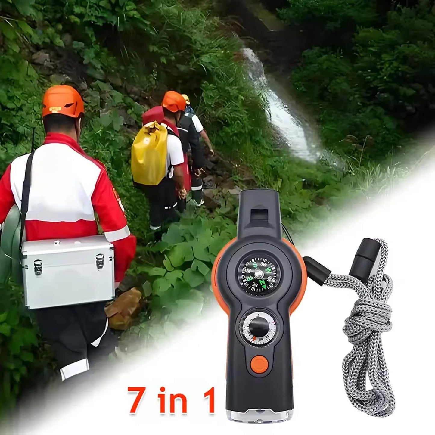 Sifflet de survie 7 en 1 avec lumière LED, indicateur de direction et thermomètre, kits d'urgence portables pour l'extérieur, pour la randonnée et le camping