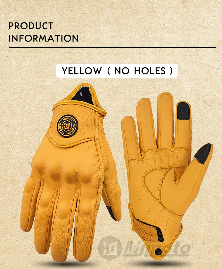 Gants de Moto Rétro en Cuir Jaune pour Homme et Femme, Accessoire Perforé et Respirant pour Course de Vélo, Écran Tactile, Motocross