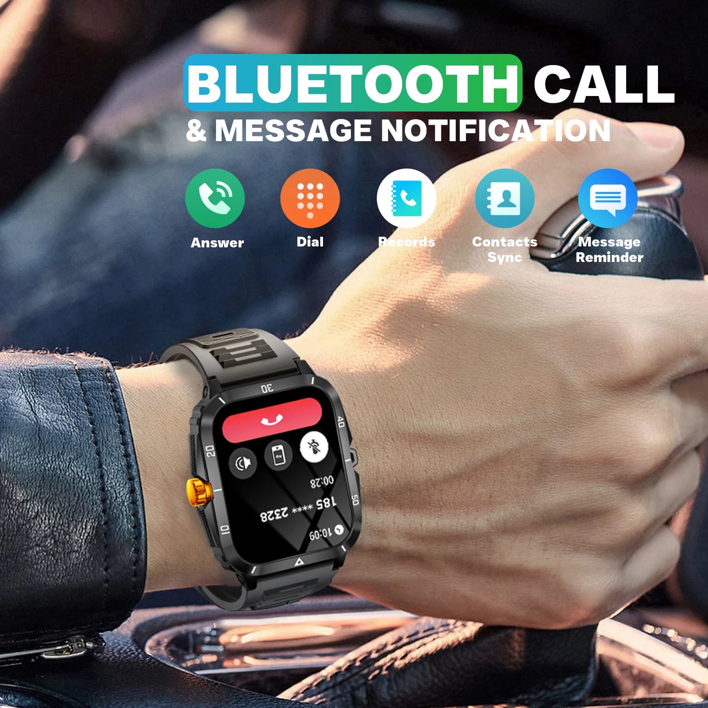 EIGIIS Smart Watch 3ATM Waterproof 1.96" IPS Military Screen KT71 Men's 100+ Sports Mode Heart Rate Blood Pressure Bluetooth Call