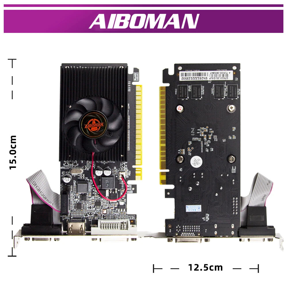 AIBOMAN GT610 1G/2G DDR3 carte vidéo NVIDIA GeForce carte graphique PCIE X16 2.0 HD DVI VGA 1800MHz 64Bit GPU cartes vidéo pour ordinateur