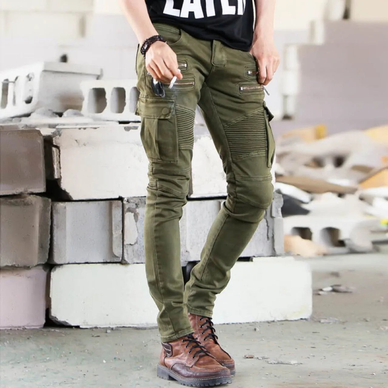 Men's Green Denim Biker Jeans, Slim Fit, Elasticated, Hip Hop, Military, Motorcycle, Cargo, New Track, DistMurcia