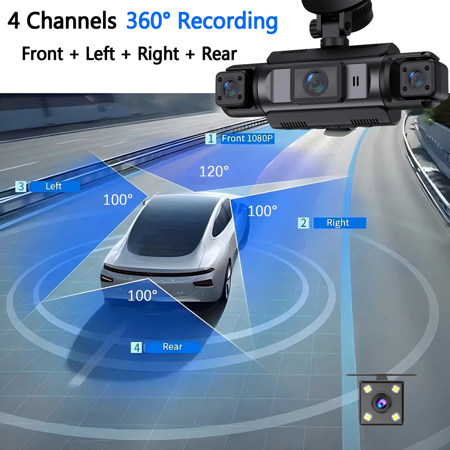 Dashcam WiFi 4 Canaux 1080P Boîte Noire — Avant Gauche Droite Arrière Vision Nocturne