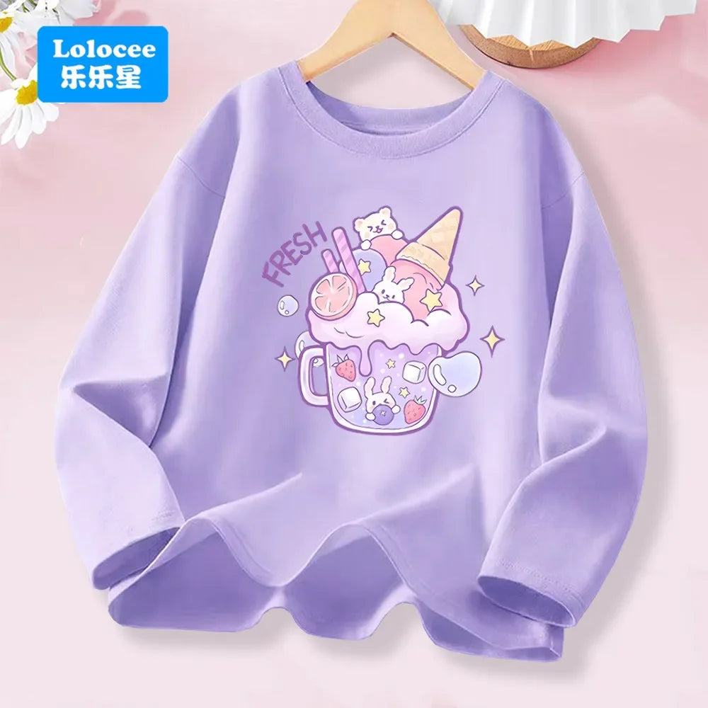 T-shirt rose à manches longues pour filles de 3 à 14 ans, haut en coton pour enfants, mignon "FRESH", imprimé boisson et Animal, nouvelle collection printemps 2026