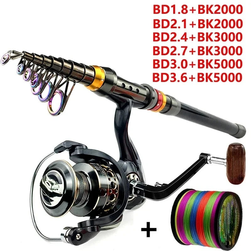 Combo de pêche en fibre de carbone 1,8m à 3,6m, rapport de transmission 5,2:1, moulinet à bobine métallique avec kit de ligne pour eau salée et eau douce