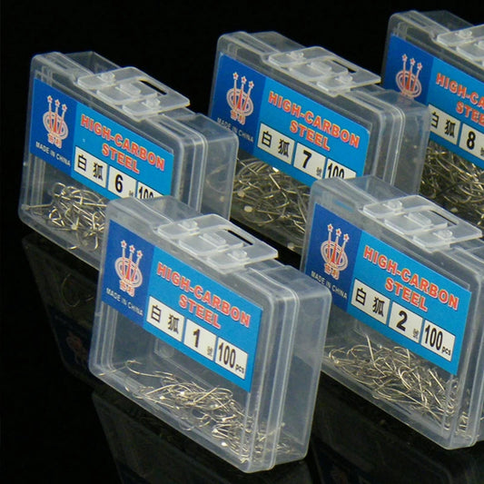 Anzuelos plateados de acero con alto contenido de carbono, con púas, para pescar zorro blanco, Pelteobagrus fulvidraco y bagre de cola roja, caja de 100 unidades