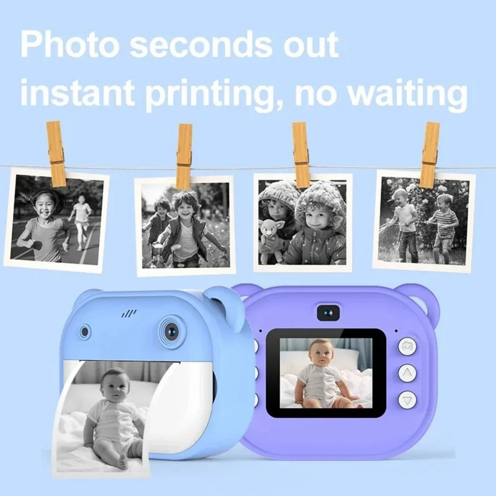 Instant camera for children, mini digital video camera for children, 1080P screen, thermal paper printing + 32G memory card