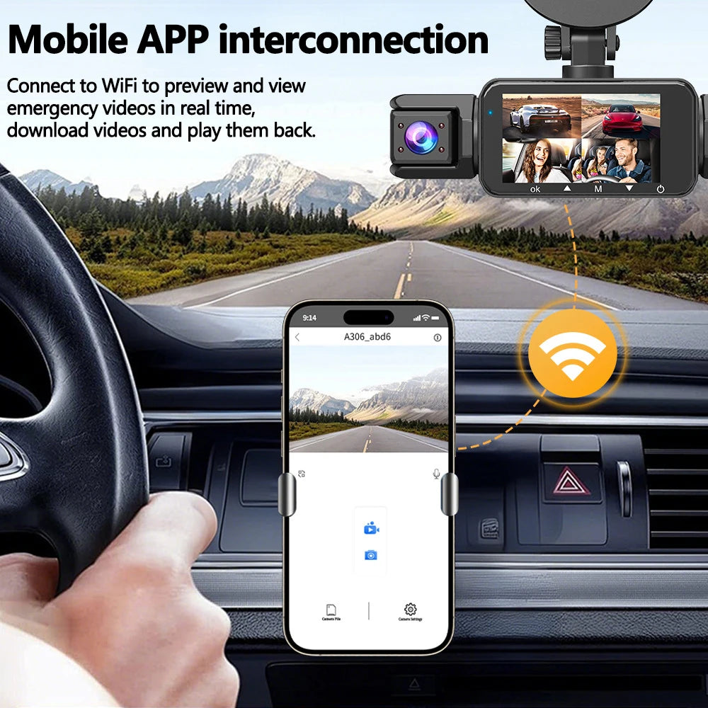 Dashcam 4 Canaux WiFi 360° — Stationnement 24H Intérieur Avant Arrière