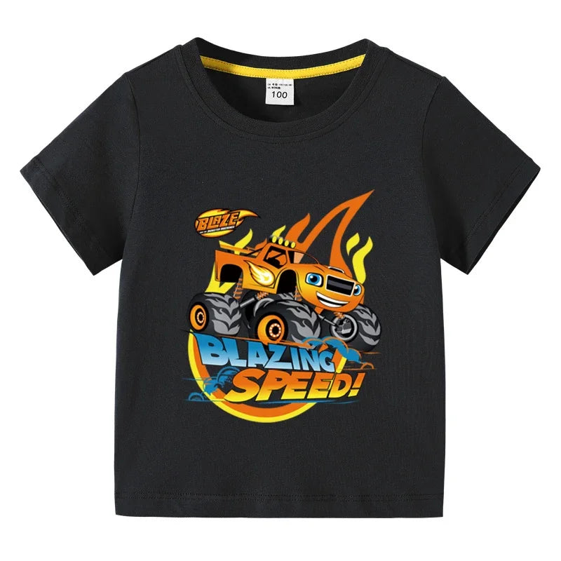 T-shirt à manches courtes en coton pour enfants — impression dessin animé camion monstre