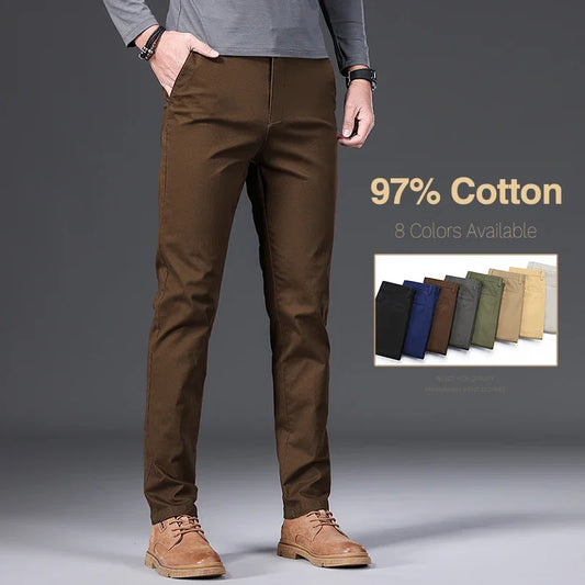 Men's casual pants, 97% cotton, autumn fashion, comfortable, elastic, slim, straight, business, black, army green, khaki