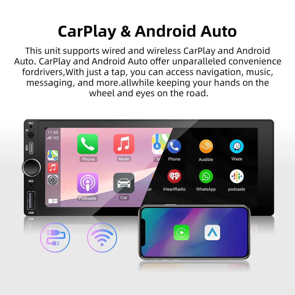 1DIN 6.86 inch Universal MP5 Car Radio Support Wireless Carplay Android AUTO AUX USB BT Touch Screen Multimedia Video Player