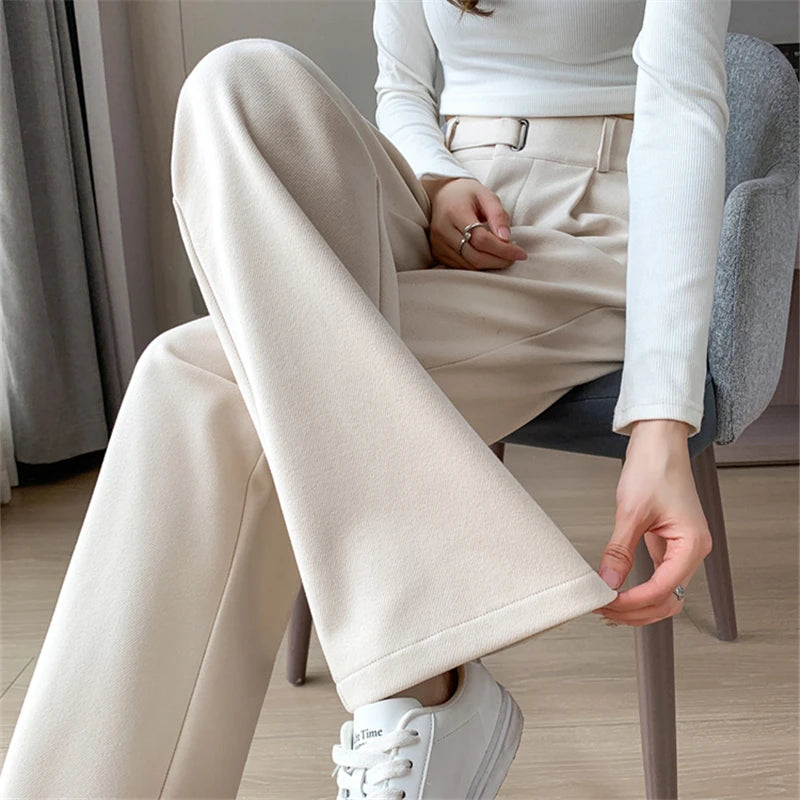 Seoul Autumn/Winter Thickened Wool Casual Loose Full Length Trousers 2025 New Button High Waist Chic Wide Leg Pants Women