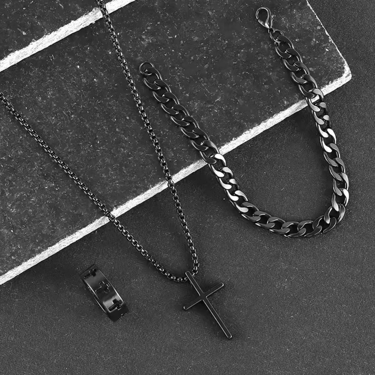 Superventas Nuevo set de joyas cruzadas de 3 piezas | Collar, pulsera, anillo de cadena | Accesorios de moda religiosa para mujeres y hombres, uso diario y regalo