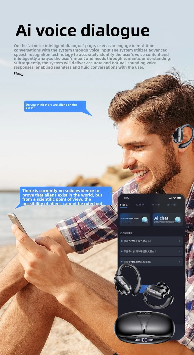 Lenovo XT80 – Auriculares deportivos inalámbricos, con micrófonos, control de botón, pantalla de alimentación LED, sonido estéreo de alta fidelidad, auriculares con traductor de IA