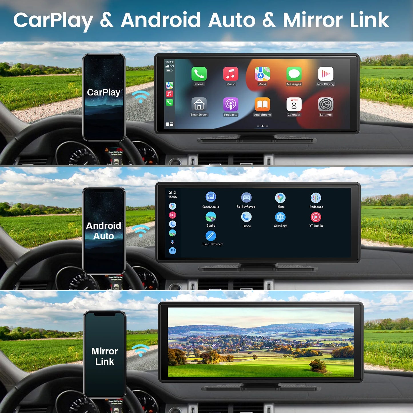 Pantalla Carplay para coche, Carplay inalámbrico portátil de 10" y Android Auto, receptores de audio estéreo para coche con enlace espejo y navegación GPS