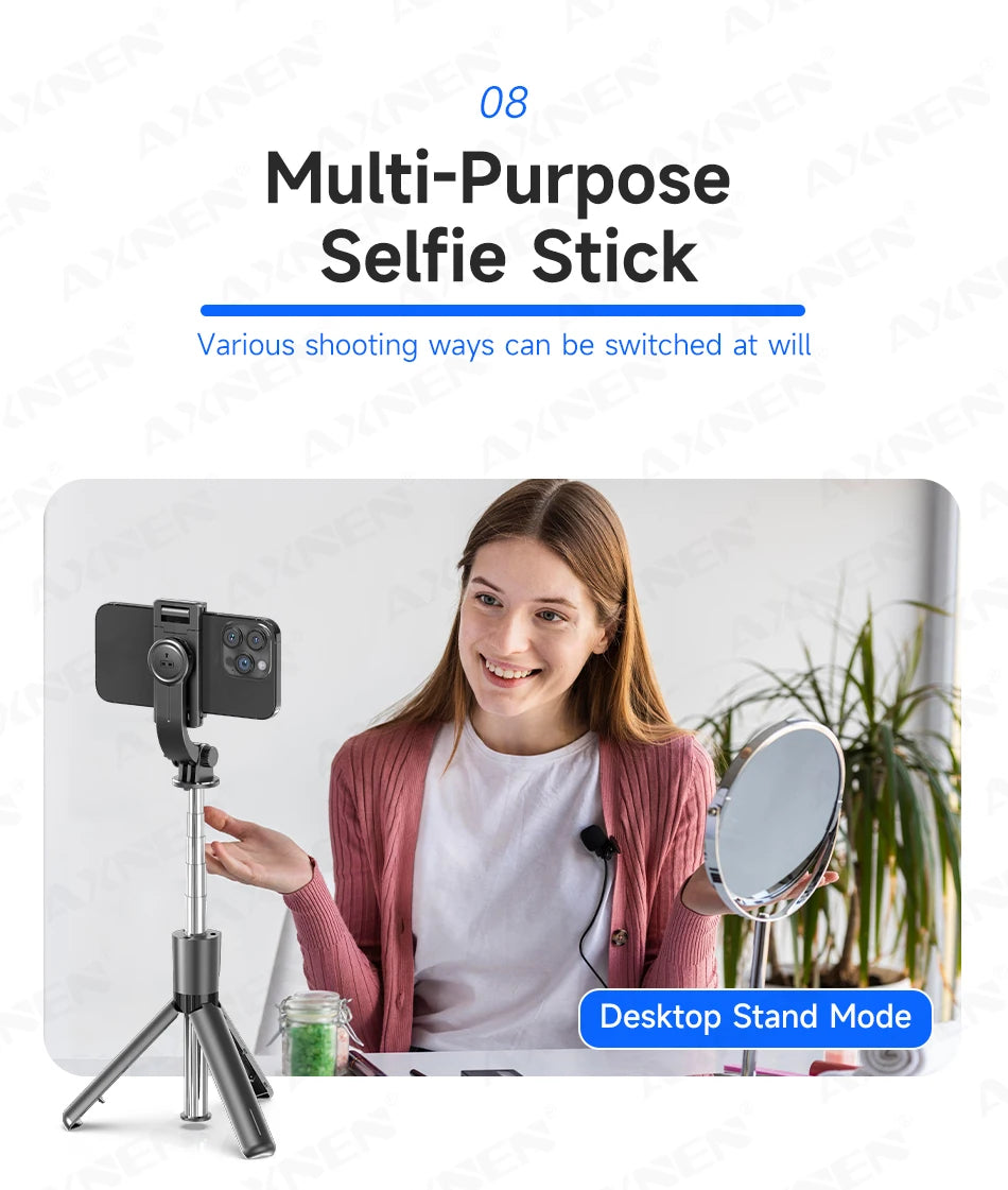 Trépied perche à selfie Bluetooth — support bureau, téléphone, obturateur télécommande sans fil, lumière de remplissage