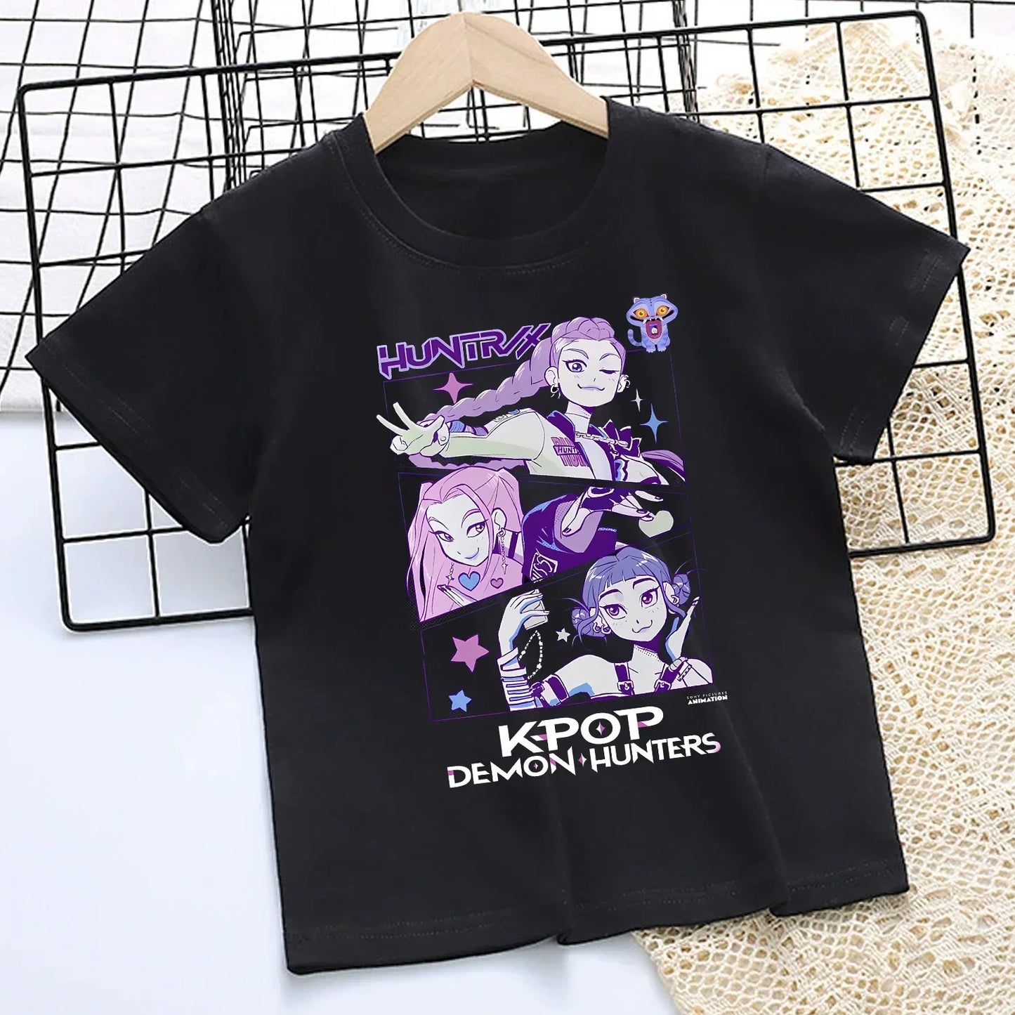 Camiseta de K-Pop Demon Hunters para niños, camiseta negra de dibujos animados para niñas, cuello redondo, ropa de manga corta