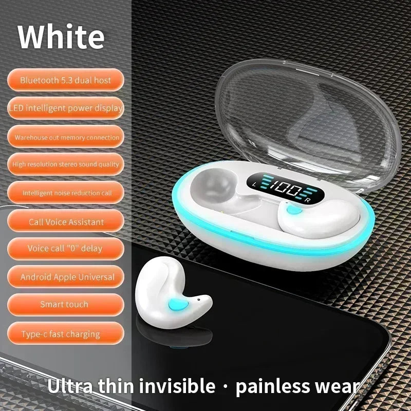 Écouteurs de couchage sans fil mini — casque travail, TWS Bluetooth, stéréo, cachés, micro HD, appel, étanche