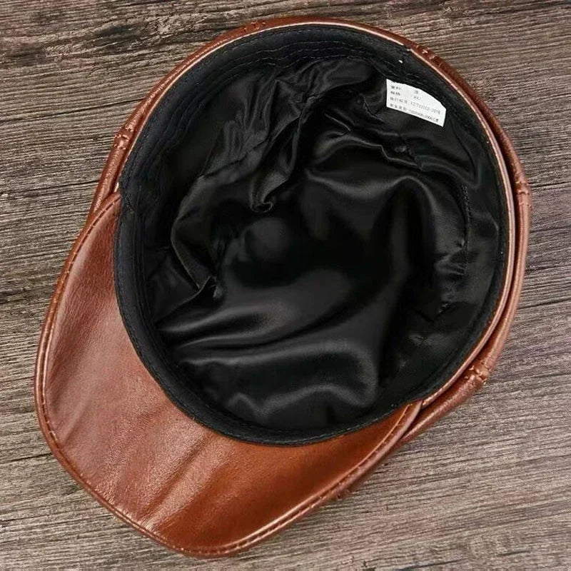 Gorras octogonales de piel de vacuno para hombres y mujeres, sombrero frontal, 100% cuero genuino, gorra cálida, boina de pintor masculina, primavera e invierno