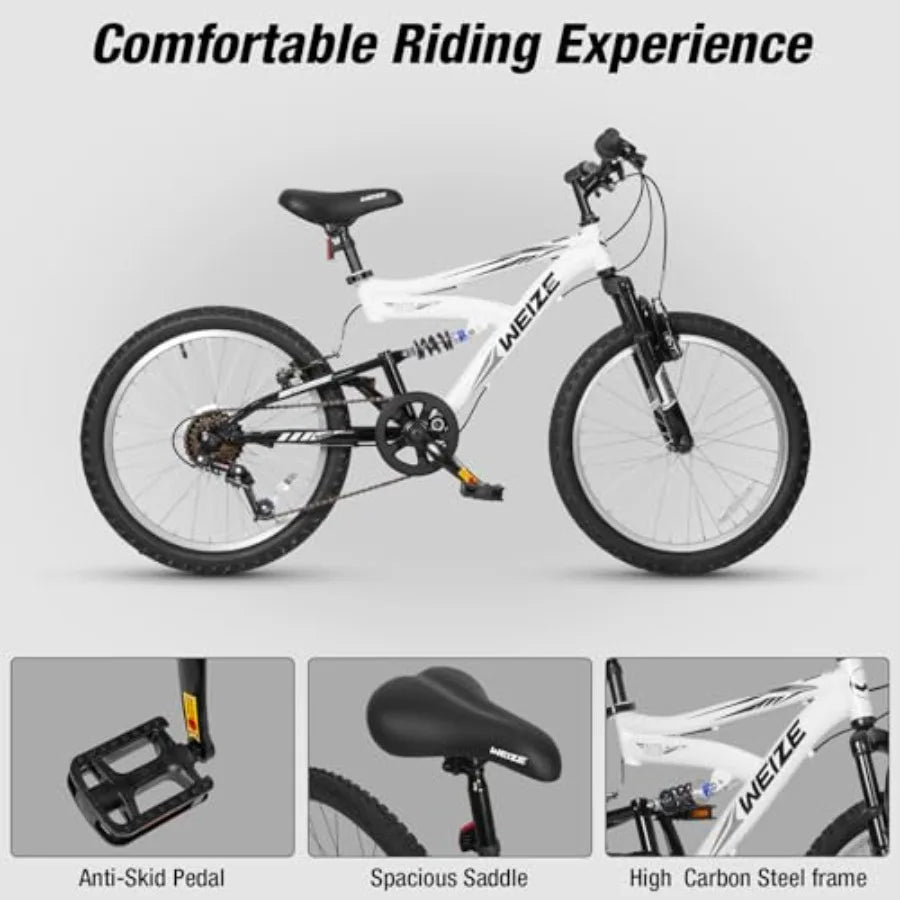 20 24 inch Mountain Bike 'Bikes for Boys and Girls Ages 6-14 with Full Dual Suspension 6-Speed Ste High Carbon Drivetrain