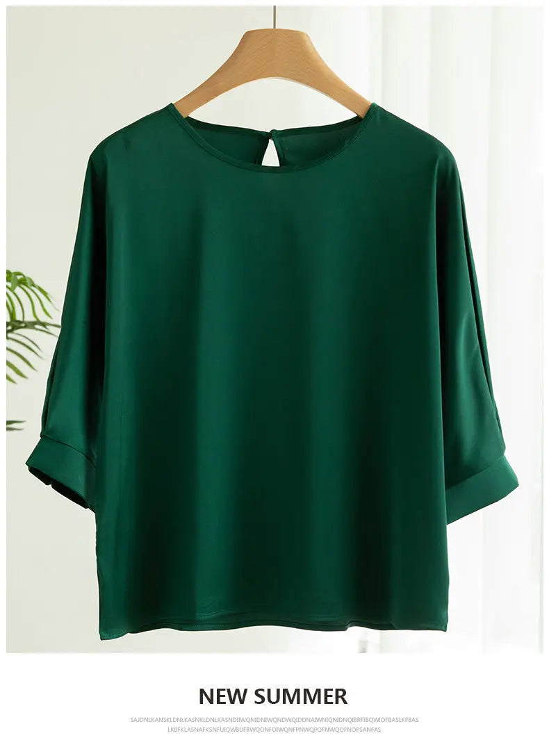 Nouveauté 2026 – T-shirt basique en satin de soie à manches courtes pour femme, col rond, coupe décontractée et légère, chemisier ample pour femme