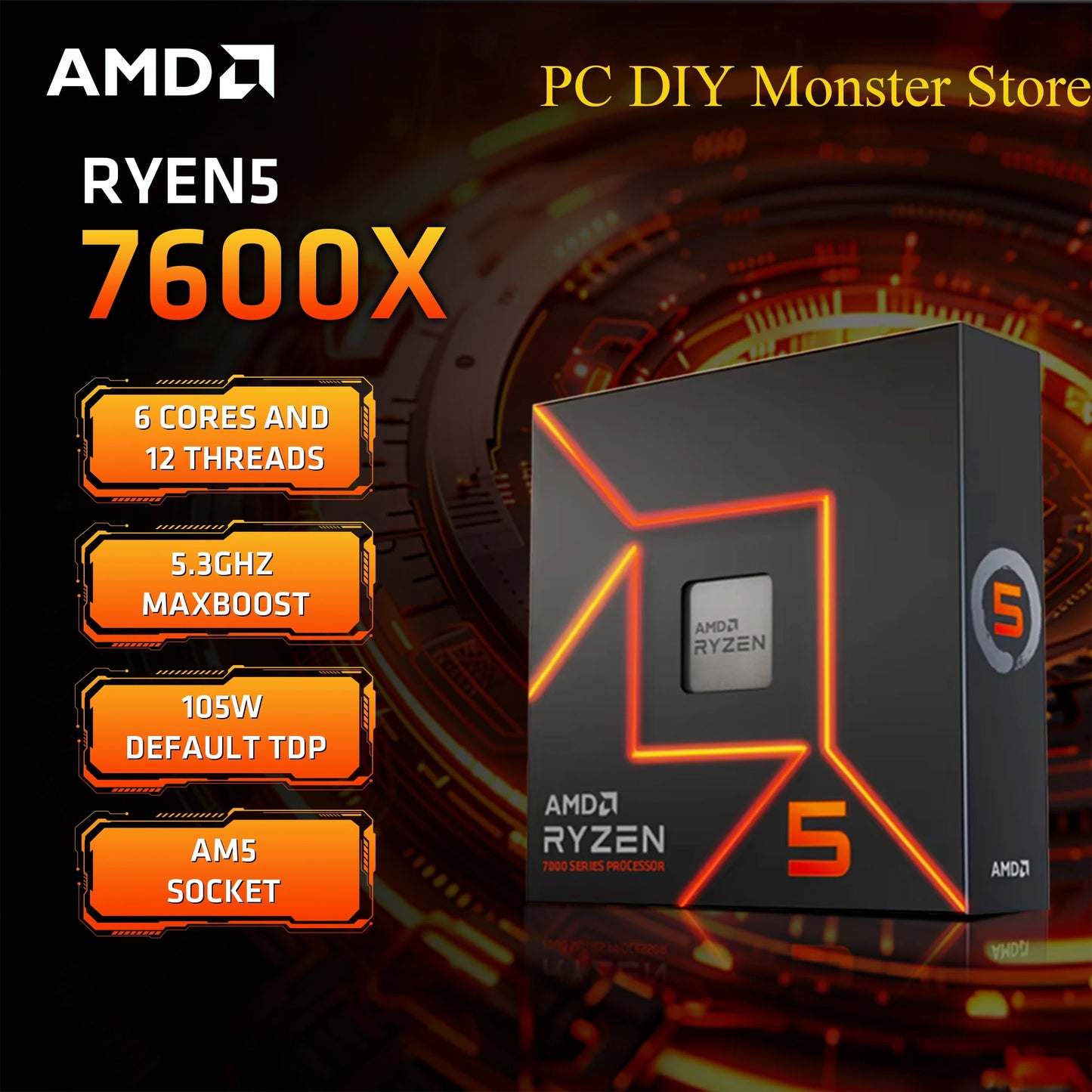 AMD Ryzen 5 7600X en boîte 4.7 GHz 6 cœurs 12 fils PCIE 5.0 105W processeur d'unité centrale 5NM L3 = 32M 100-000000593 AM5 processeur de jeu