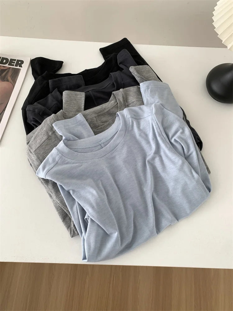Women's long-sleeved T-shirt, silk wool splice, thin top, soft, waxy, solid color, spring summer