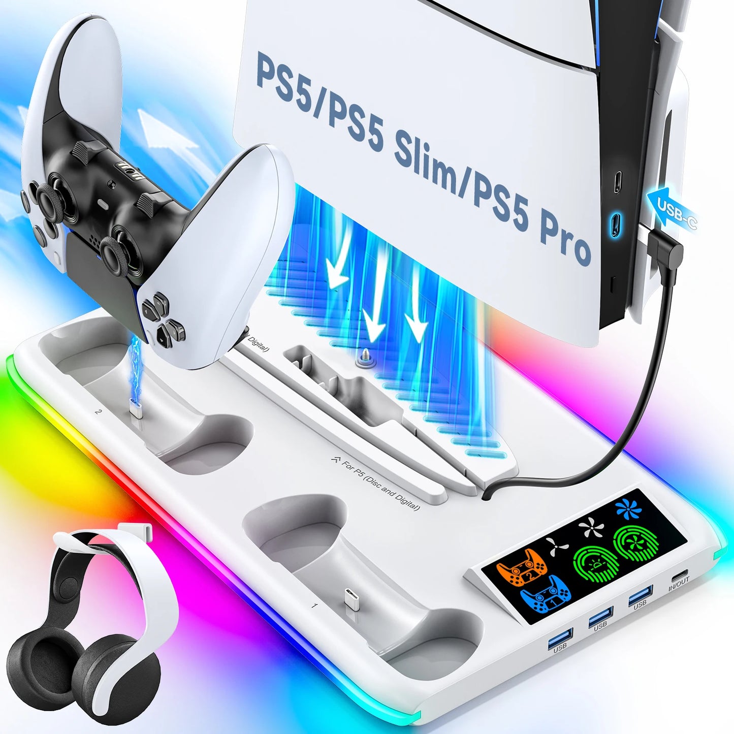 Stand for PS5/PS5 Slim/PS5 Pro, with Headset Hook, Cooling Stand and Controller Charging Station, with 3-Level Cooling Fan