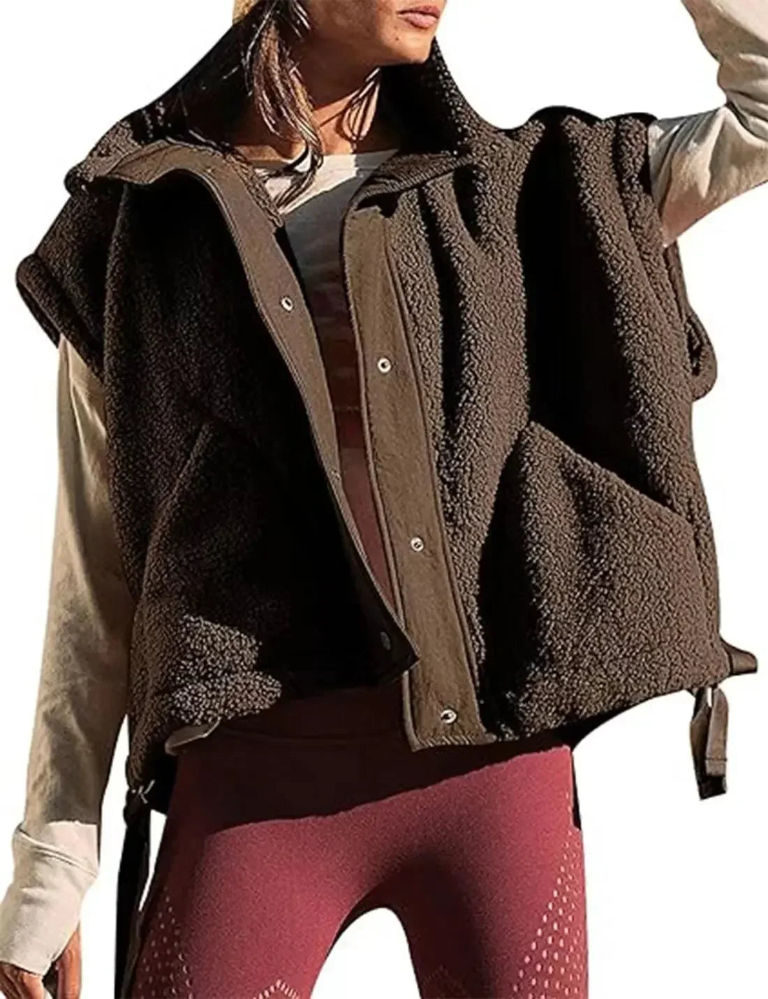 Gilet polaire pelucheux pour femme, surdimensionné, sans manches, Sherpa, chaud, boutonné, vêtements d'extérieur avec poches