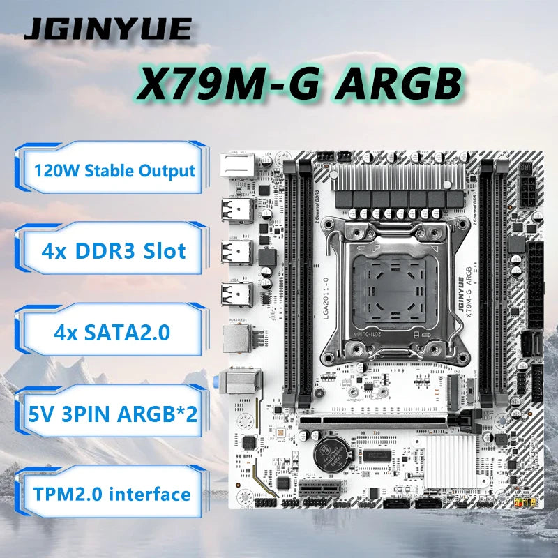 Carte mère JGINYUE X79M-G ARGB pour processeur E5 26XX V2 série LGA2011 M-ATX DDR3 RAM interface TPM pour le bureau à domicile et les jeux