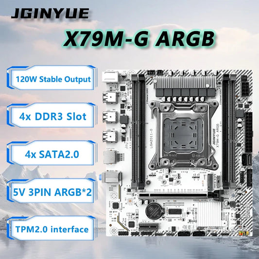 Carte mère JGINYUE X79M-G ARGB pour processeur E5 26XX V2 série LGA2011 M-ATX DDR3 RAM interface TPM pour le bureau à domicile et les jeux