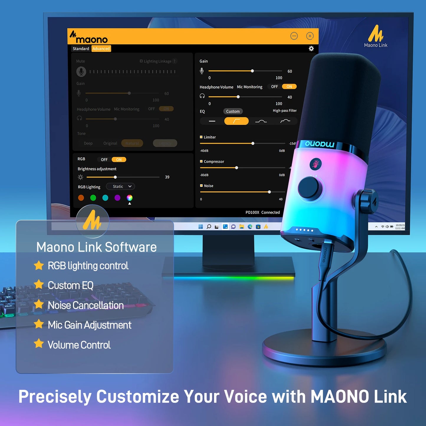 MAONO PD100X – Microphone gaming dynamique USB/XLR avec LED RGB, EQ et bouton muet pour PC et PS4/5