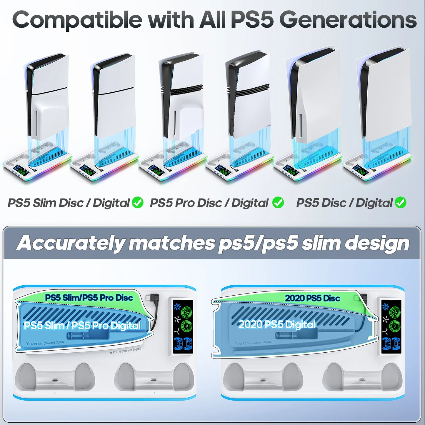 Stand for PS5/PS5 Slim/PS5 Pro, with Headset Hook, Cooling Stand and Controller Charging Station, with 3-Level Cooling Fan