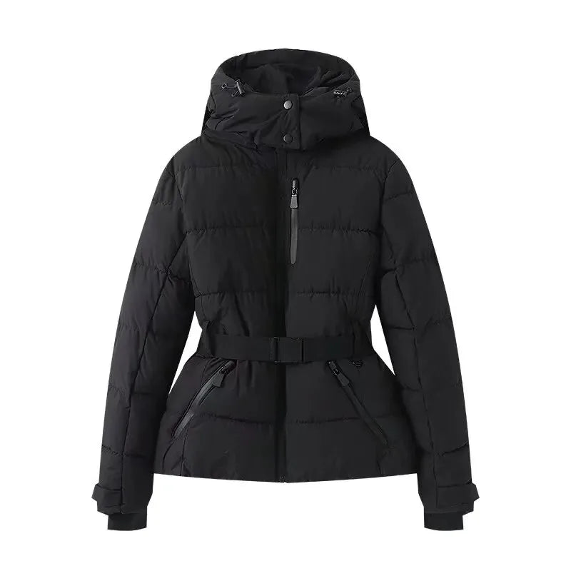 Abrigos y parkas deportivos acolchados con capucha para mujer, de cintura alta, con cinturón, elegantes, gruesos y cálidos, con bolsillos, chaquetas de esquí cortavientos, invierno