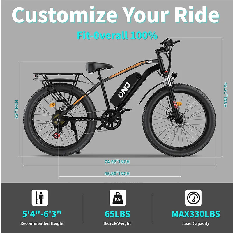 Vélo Électrique 1500W 48V 15AH — 26 Pouces Gros Pneu Neige E-Bike Batterie Lithium