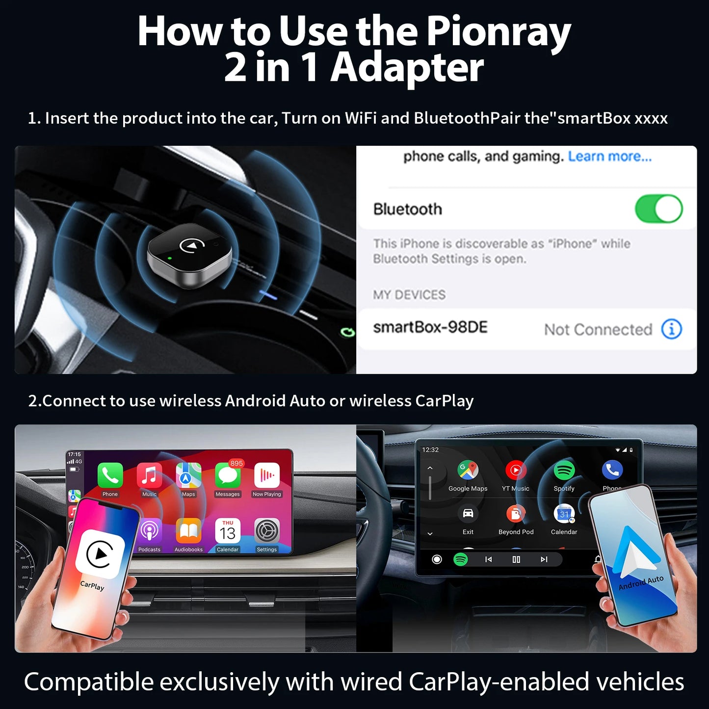 Adaptateur sans fil 2 en 1 pour voiture — WiFi 5G rapide, Plug and Play, USB-C