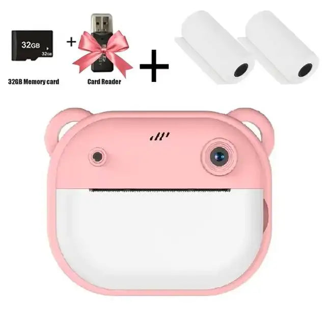 Instant camera for children, mini digital video camera for children, 1080P screen, thermal paper printing + 32G memory card