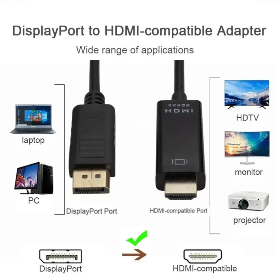 Adaptateur DisplayPort vers HDMI 4K x 2K, convertisseur DP vers HDMI, câble de 1.8m pour ordinateur de bureau, ordinateur portable, moniteur TV, projecteur