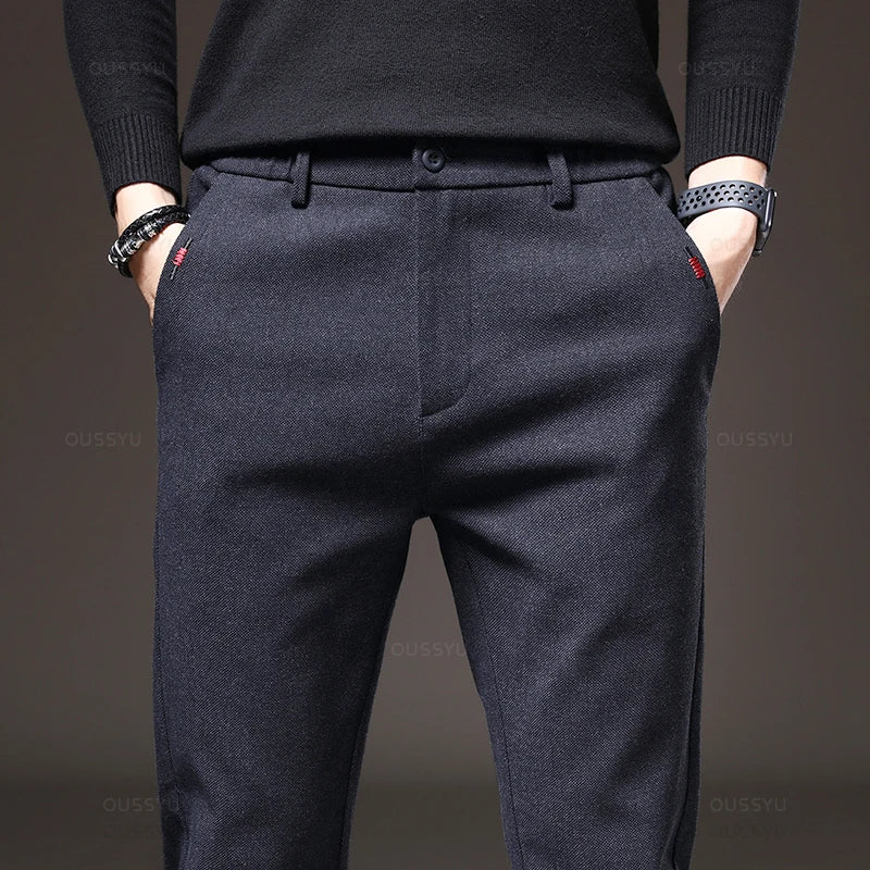 Pantalones casuales de hombre, corte ajustado, cintura elástica, elásticos, de algodón grueso, gris y negro, estilo negocios, nueva colección primavera