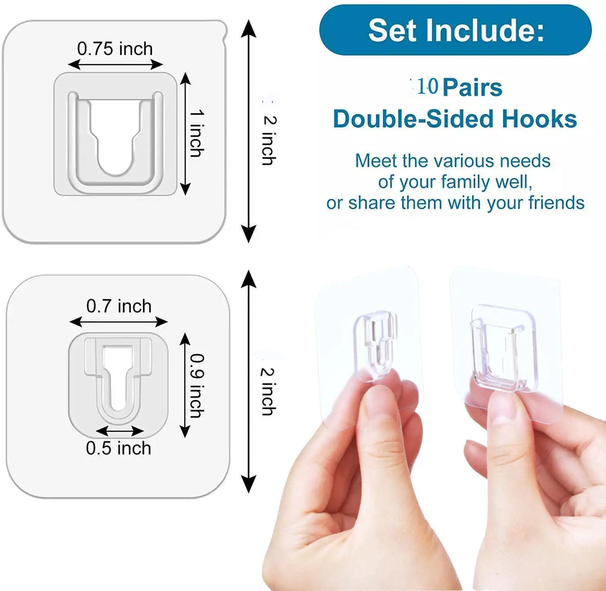 10 pares de ganchos de pared adhesivos fuertes, de doble cara, de gancho y bucle, adhesivos transparentes, ventosa