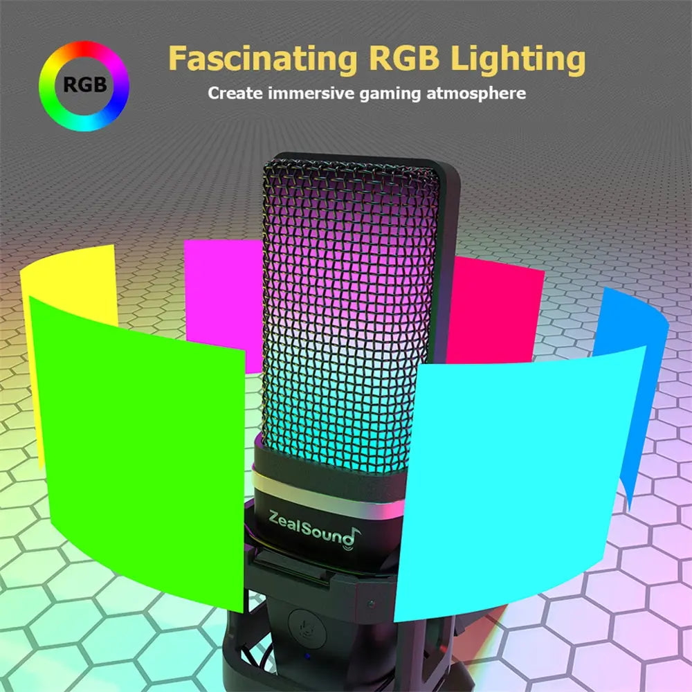 Zealsound – Microphone USB à condensateur RGB avec bras articulé pour gaming, podcast et streaming