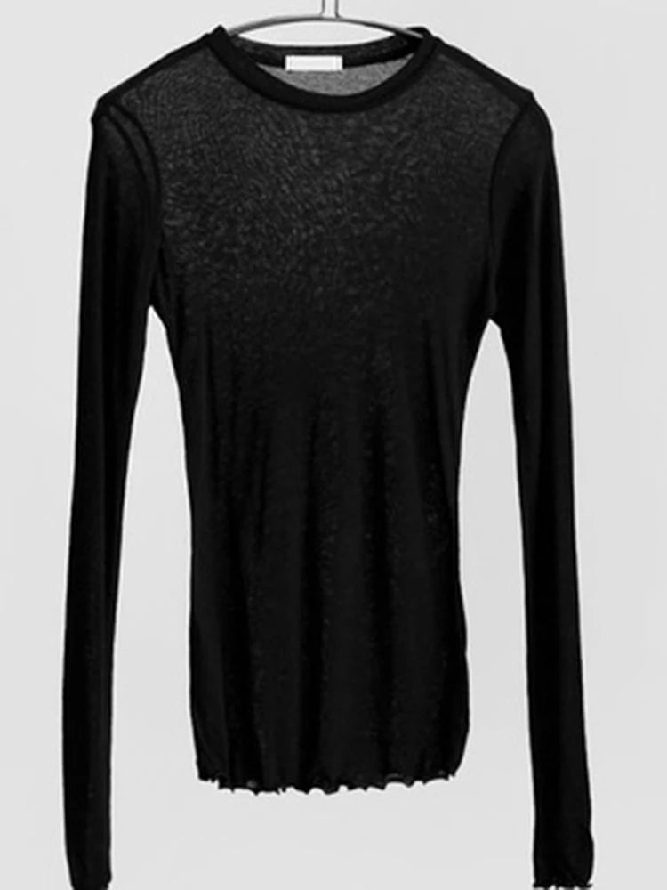 Camiseta básica de manga larga de alta calidad, elástica, fina y transparente para mujer, informal y sexy