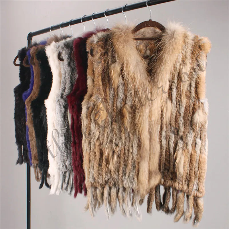 Gilet à glands en véritable fourrure de lapin tricoté — vintage, garniture fourrure raton laveur