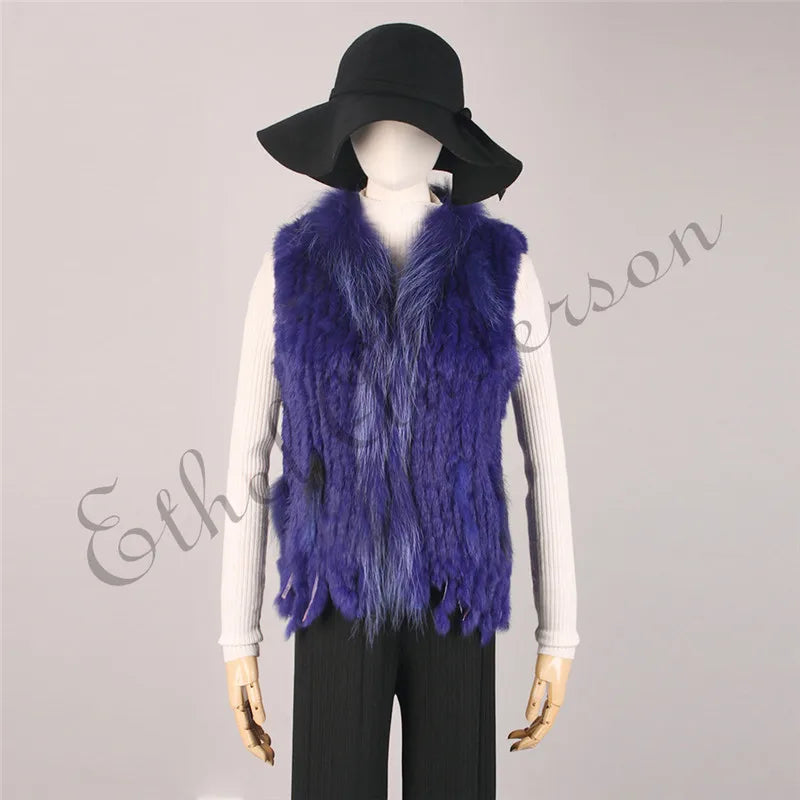 Gilet à glands en véritable fourrure de lapin tricoté — vintage, garniture fourrure raton laveur