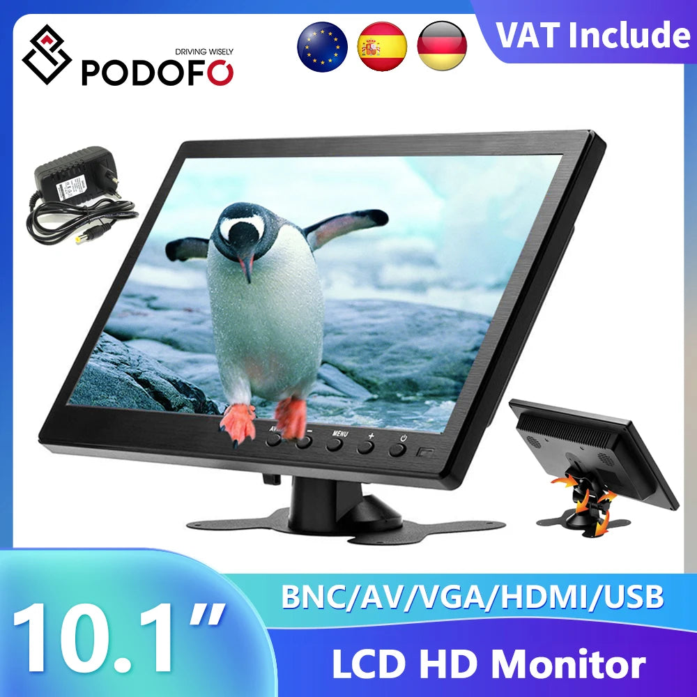 Podofo Monitor de coche LCD HD de 10.1" 1024*600, mini TV, monitor LCD de pantalla digital con HDMI/VGA/AV/USB/SD/TV/reproductor de DVD para vigilancia