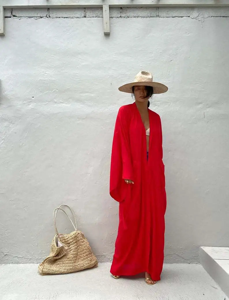 Robe de Plage Longue avec Ceinture pour Femme, Kimono Sexy, Cardigan d'Été, 5 Couleurs Unies