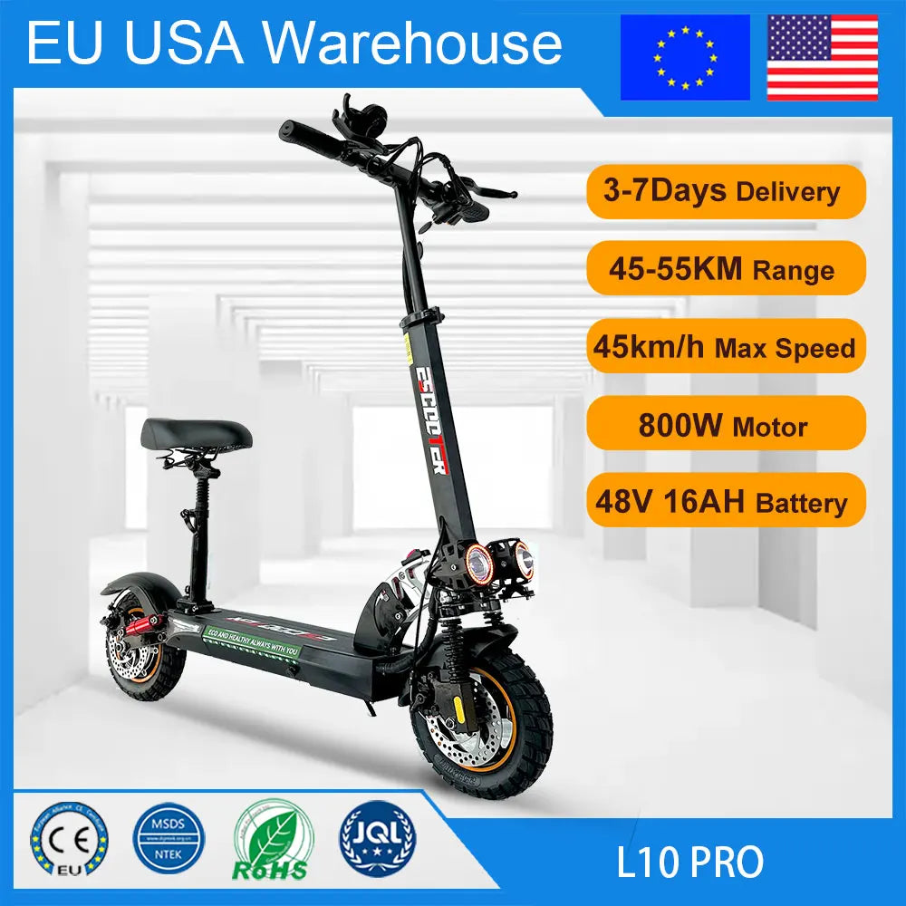 Patinete eléctrico con neumáticos todoterreno, patinete eléctrico, 10 pulgadas, 45 km/h, 45 km, autonomía 55 km, 13 Ah, 15 Ah, 800 W