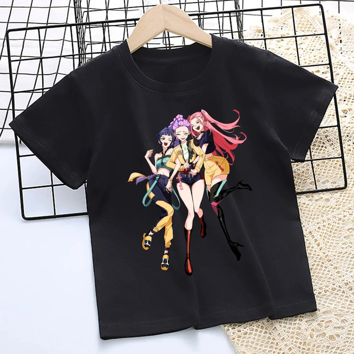 Camiseta de K-Pop Demon Hunters para niños, camiseta negra de dibujos animados para niñas, cuello redondo, ropa de manga corta