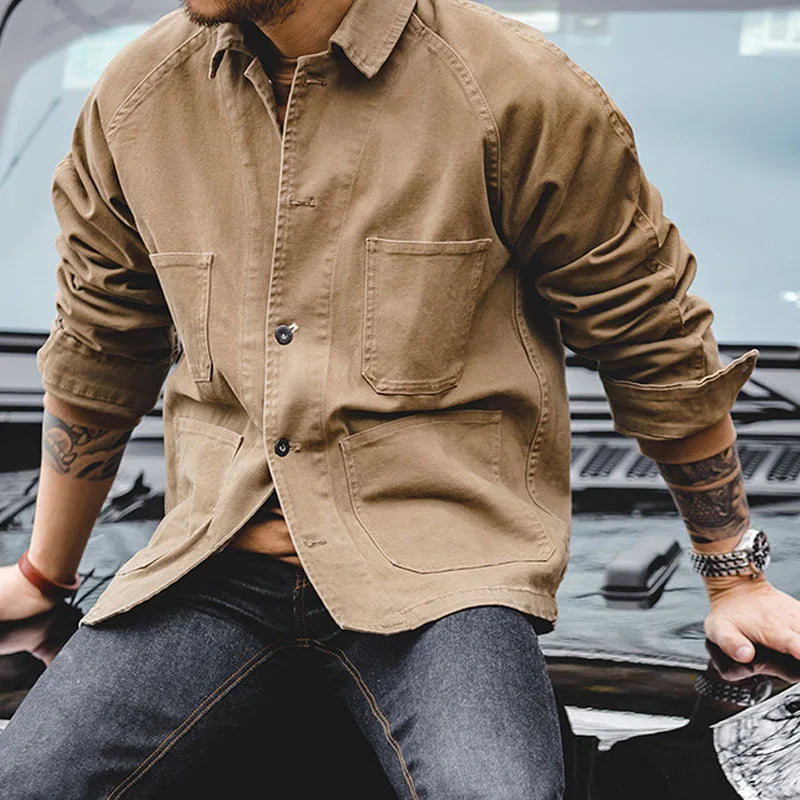 Veste vintage décontractée pour hommes — revers en coton, style rétro américain, 4 poches, vêtements d'extérieur
