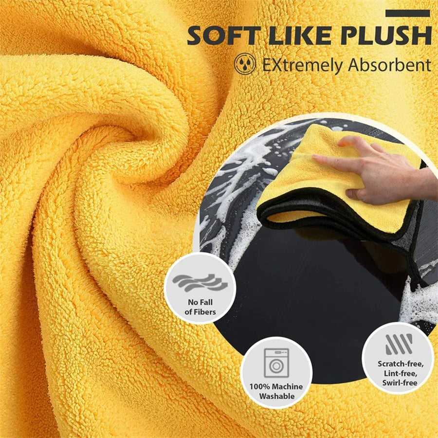 Serviette de nettoyage en microfibre épaisse, chiffon de séchage doux, serviettes de lavage de carrosserie de voiture, chiffons de nettoyage Double couche, accessoires de voiture, 1/2/6/10 pièces